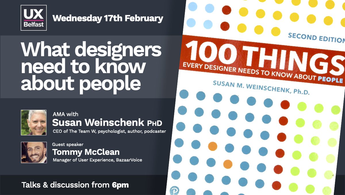 🚨New meetup alert!

Susan Weinschenk has made an immense contribution to the understanding of how and why users interact with digital products &amp; systems.

We are thrilled to welcome <a href="/thebrainlady/">Susan Weinschenk PhD</a> as our special guest on February 17th.

Register @ uxbelfast.org