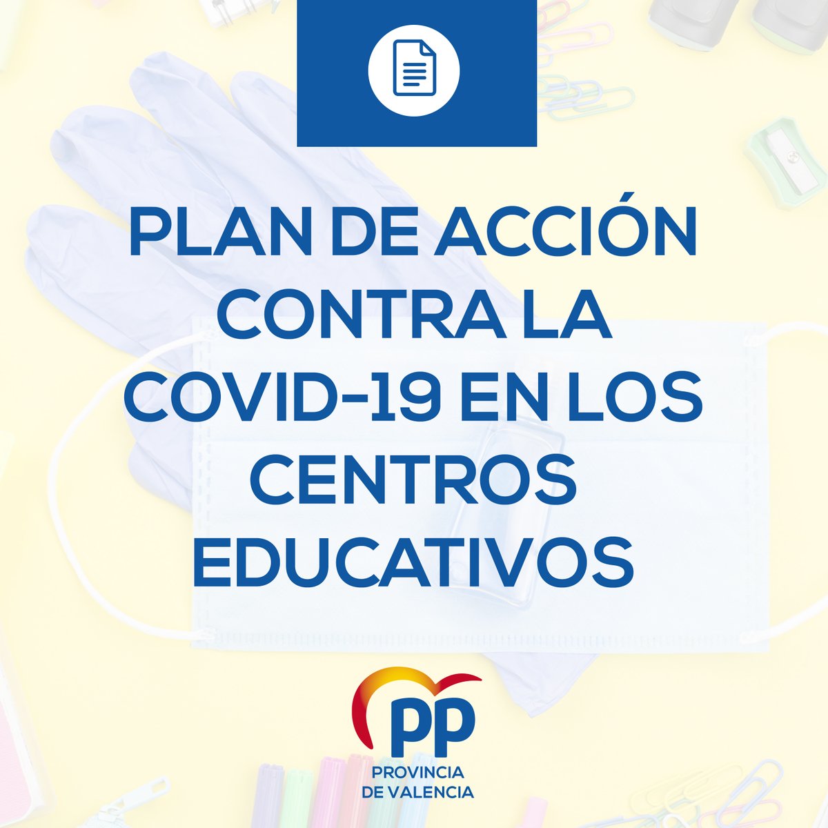 📄 Desde <a href="/popularsval/">PP provincia de Valencia</a> vamos a presentar el “Plan de acción contra la #COVID19 en los centros educativos” 🏫🦠❌

🔟 medidas para garantizar un servicio de calidad, que permitirían mantener las escuelas abiertas, convirtiéndolas en espacios seguros 😷

#PPorUnaEducaciónSegura