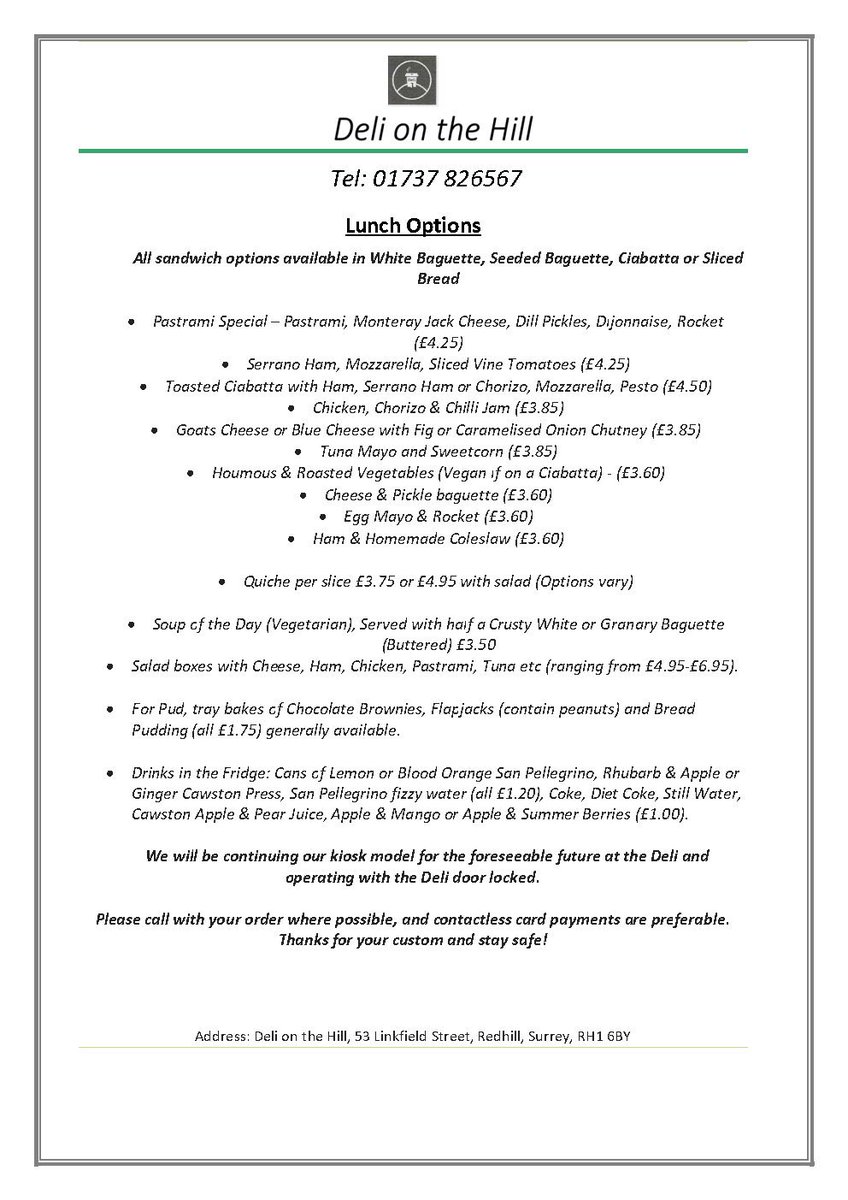 We’ve updated our lunch menu at the Deli on the Hill. Today’s special is a lighter bite - Chicken, mayo &amp; sweetcorn mix with leaves in a wrap (£3.85). Soup of the day is Tuscan Bean &amp; Tomato (Spicy!). #shoplocal #supportlocal #lockdownlunches #reigate #redhill