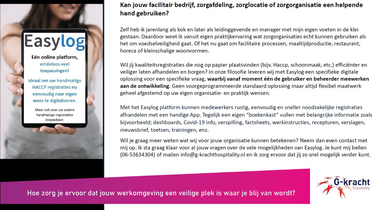 Doe jij HACCP registraties nog op papier? Easylog van G-Kracht Hospitality kan uitkomst bieden. Jouw maatwerk registraties en dashboards allemaal geborgd in een handige App!