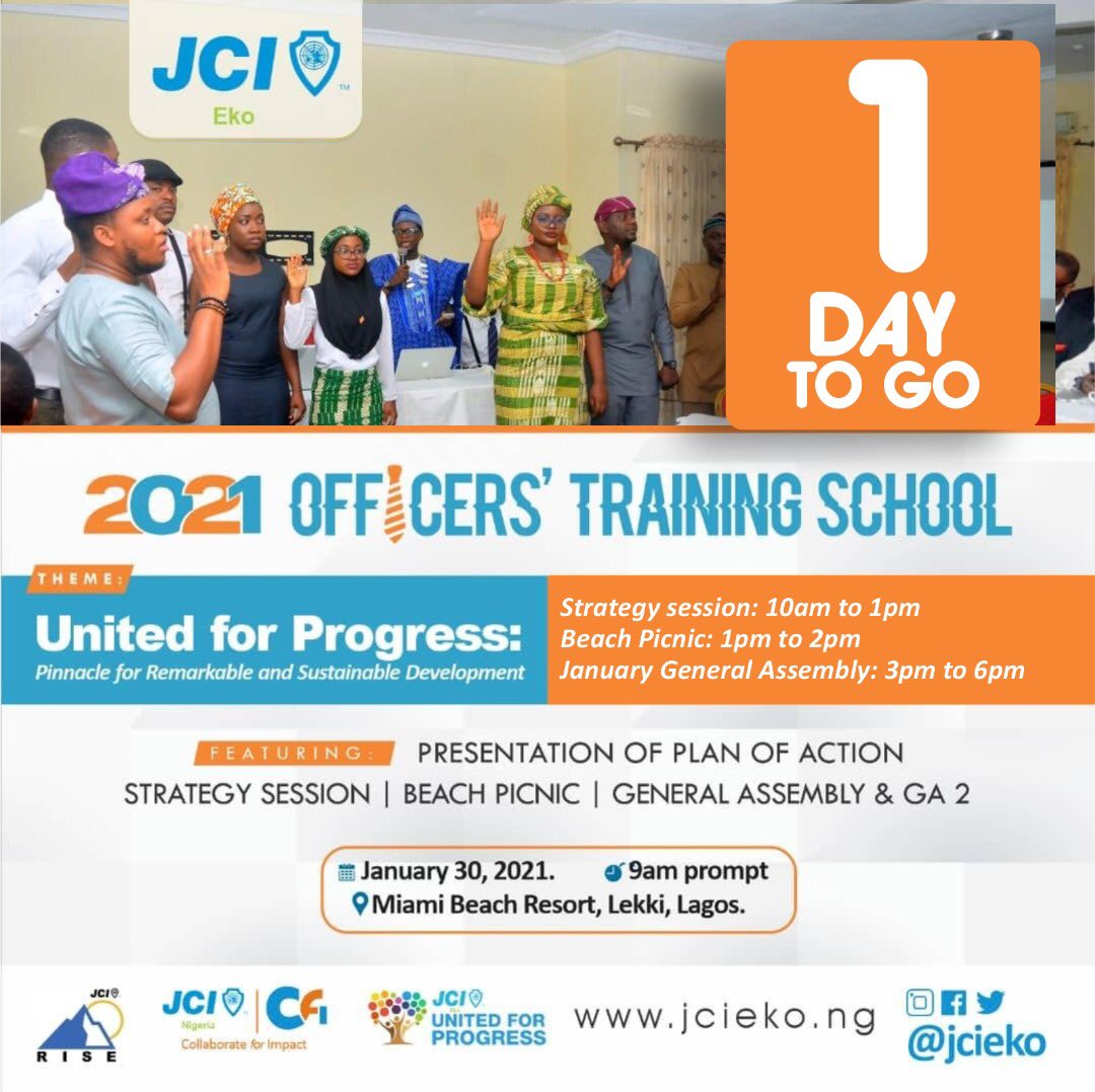 JCIEKO's tweet photo. Count Down in just 1 day to JCI EKO 2021 OTS and General Assembly.
Theme: United for Progress
Date: Saturday, January 30, 2021
Time: 9am prompt
Venue: Miami Beach Resort, Lekki, Lagos.
#united4progress
#CollaborateForImpact
#ActiveCitizens
#IamNaija
#JCINigeria
#JCIEko
#OTS
#GA https://t.co/ZvpYV02w9I