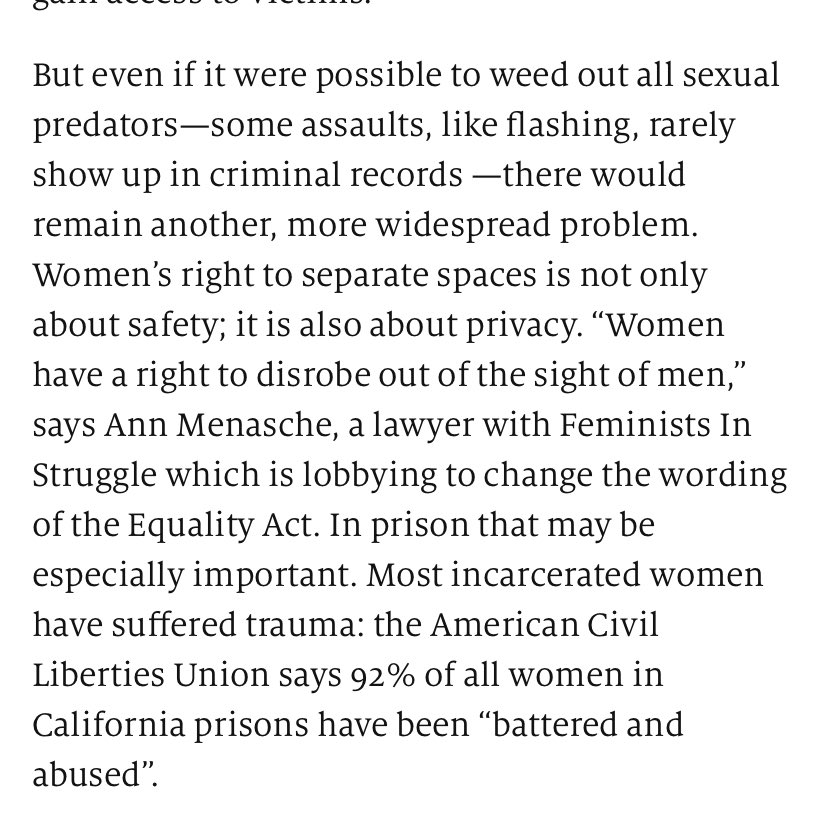 I just noticed that the  @aclu is quoted here advocating for women - I suspect  @chasestrangio will not be pleased they are cited in an article discussing the insanity of permitting male offenders to *choose* to share cells with women, and doesn’t give women a choice in the matter.