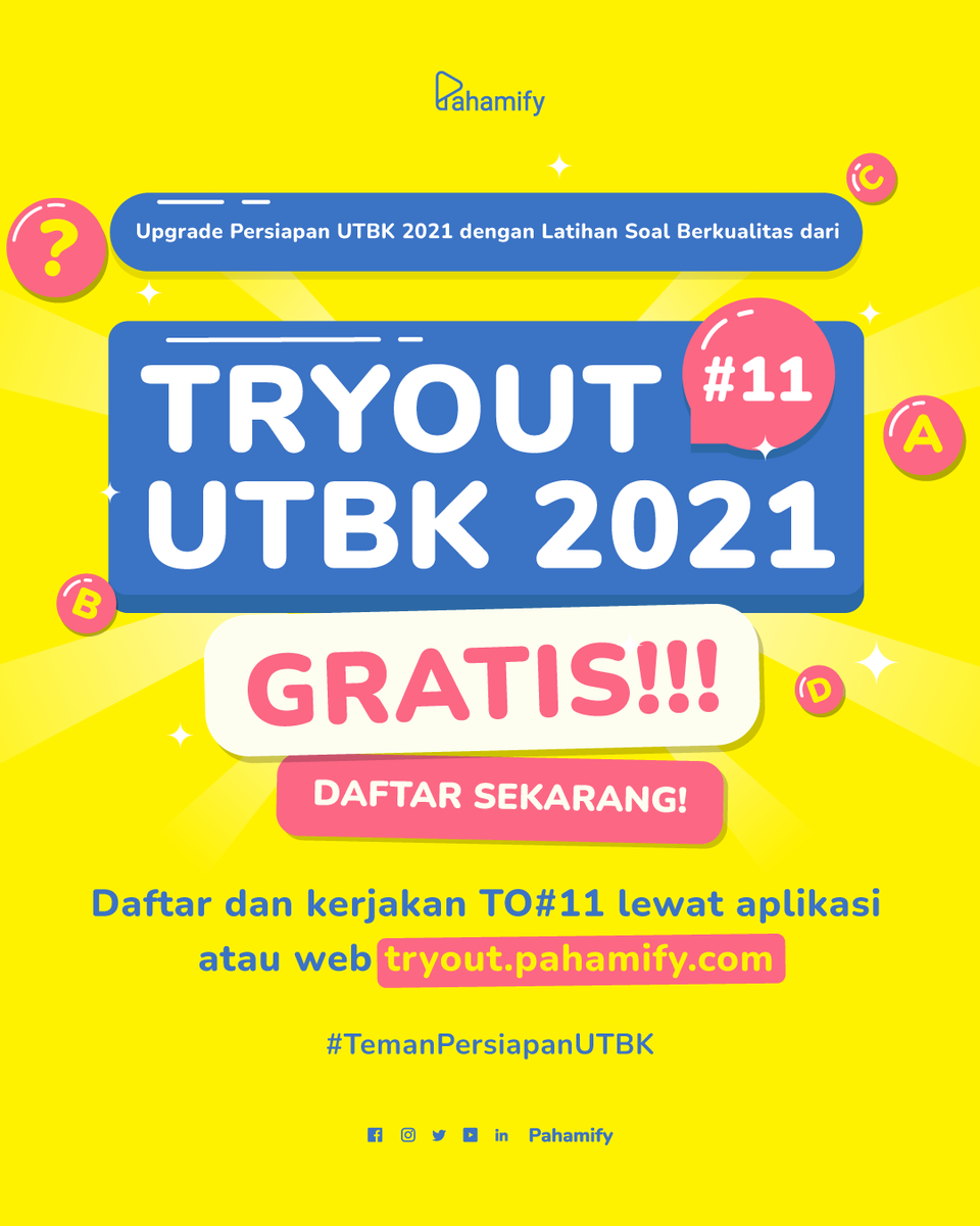pahamify's tweet photo. UTBK udah makin dekat! Persiapkan dirimu dengan latihan soal yang bikin paham dan pede hadapi UTBK dari TryOut UTBK #11 GRATISS! 😎 Up-to-date dan pastinya high quality!

Daftar TryOut UTBK #11 sekarang dan raih PTN impian kamu di 2021! 🚀🔥

#TemanPersiapanUTBK https://t.co/WhVXt5qUa8