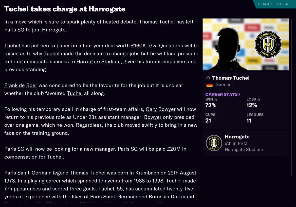 Thomas Tuchel has left PSG to become Harrogate manager  levels to this game