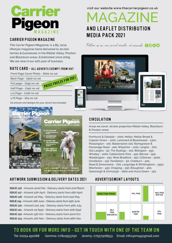 CarrierPigeon1's tweet image. Next Issue of the Carrier Pigeon starts being distributed to 20k homes in the Ribble Valley &amp;amp; Blackburn areas from the 2nd March onward. Pls check out our 2021 media pack below which gives you our deadline and distribution dates for the year, advert &amp;amp; leaflet delivery rates etc.