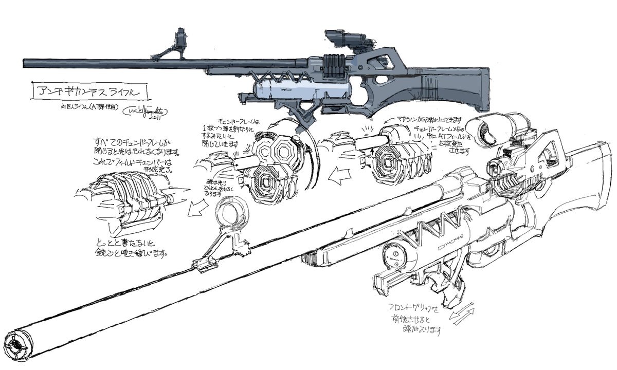 エヴァQアバン8号機ライフルはバレルスリーブが太めのミリタリーライフルを目指してたけど、監督オーダーで大きなマズルブレーキがついて、そののち銃身が長～～～～～～くなっていく。破のATボウガンと同じくATフィールドの反発力を使った火砲。 