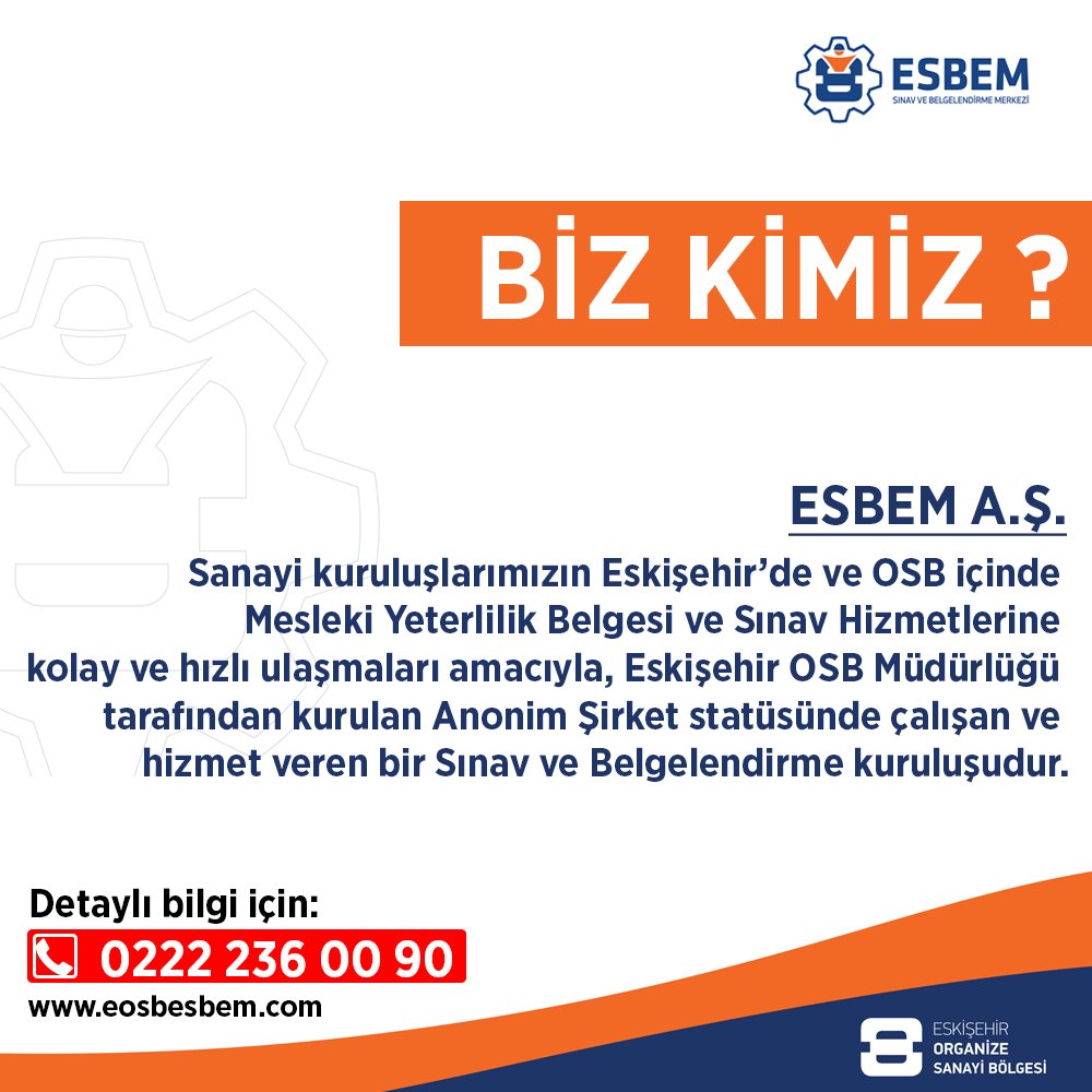 EOSBESBEM's tweet photo. 📝ESBEM Sınav ve Belgelendirme Merkezi hizmetinizde!
➡️Detaylı bilgi için https://t.co/COJtUhkWjv ve 0222 236 0090 nolu numaralı telefondan bize ulaşın.
@myksosyalmedya @OsbEskisehir
@TCSanayi @turkak #esbem
@ailevecalisma https://t.co/X0ylv2Mg0g