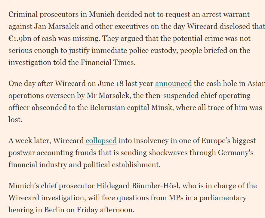Another day, another Wirecard story!Seems German prosecutors chose not to get warrants to arrest the executives when news broke that more than $2B in cash was missing from the company.  #ButNothingsHappening  https://www.ft.com/content/ed2e3fb6-5a26-4f5a-a66a-5bf588d118ad