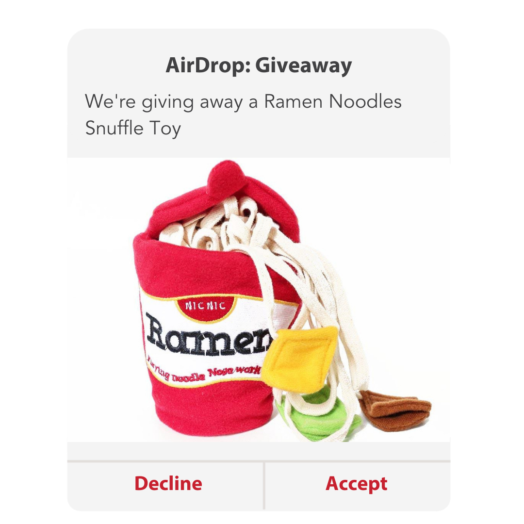 Your dog probably has never known the joys of tucking into a bowl of hot noodles on a cold night... but that's about to change. 

This week, we are giving away our new Ramen Noodles Snuffle Toy! Hide yummy treats within the many stringy bits, and your dog will enjoy sussing them