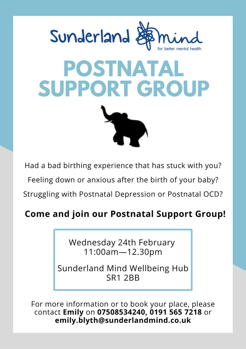 SunderlandMind's tweet photo. 🐘Brand New Postnatal Support Group
launching on Wednesday 24th February!🐘

Get in contact with Emily for more info or to book your
place using the details above! https://t.co/jIuXJOHyQi