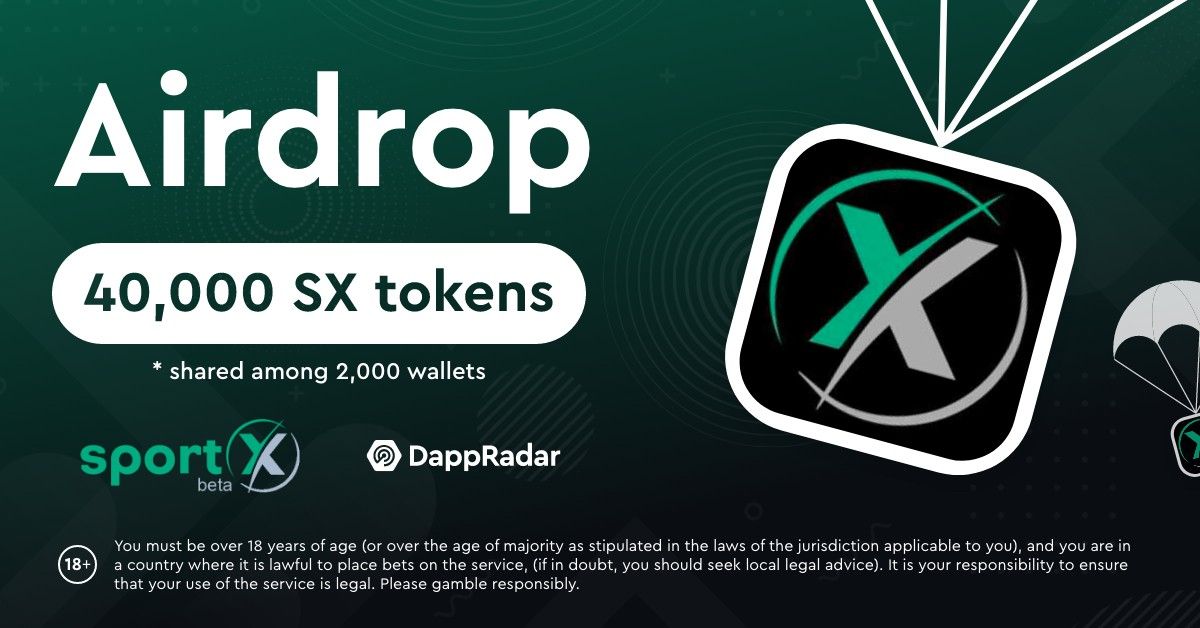 DappRadar's tweet photo. An exclusive @SportX_Project #airdrop is now LIVE!

We'll be giving away 40,000 SX tokens amongst 2,000 lucky winners!

Click on the link below and register now: https://t.co/qIis0FSHrm

Don't forget to follow us on Twitter, like &amp; share this post! https://t.co/MTdcUMecyu