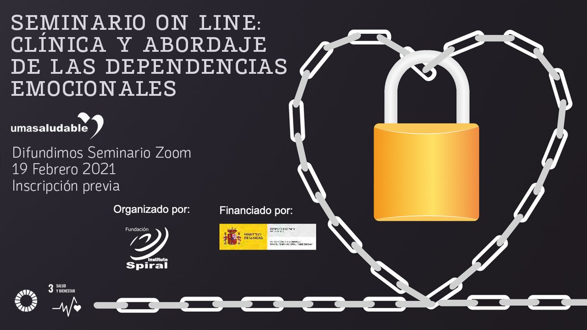 #recursosaludabledehoy
Difundimos Seminario Online Zoom del próximo 19/02 sobre CLÍNICA Y ABORDAJE DE LAS DEPENDENCIAS EMOCIONALES, organizado por <a href="/FISpiral/">F.I. Spiral</a> y financiado por <a href="/sanidadgob/">Ministerio de Sanidad</a> 

❗️Requiere inscripción previa en 
👉 fispiral.com.es/clinica-y-abor…
💙 @VIDAS_UMA @Psicologia_UMA