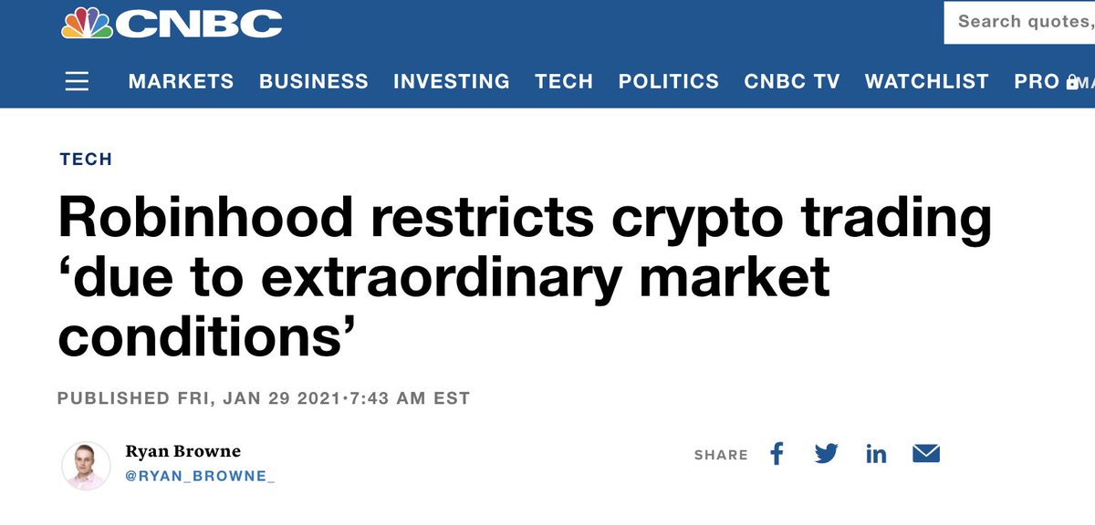 Robinhood restreint désormais les investissements cryptos sur son appliIl n'est plus possible de déposer des dollars pour en acheterCes dernières heures, le  $DOGE (une crypto-joke) a bondi de 800% et celle-ci était dispo sur  @RobinhoodApp https://www.cnbc.com/2021/01/29/robinhood-restricts-crypto-trading-as-bitcoin-dogecoin-surge.html