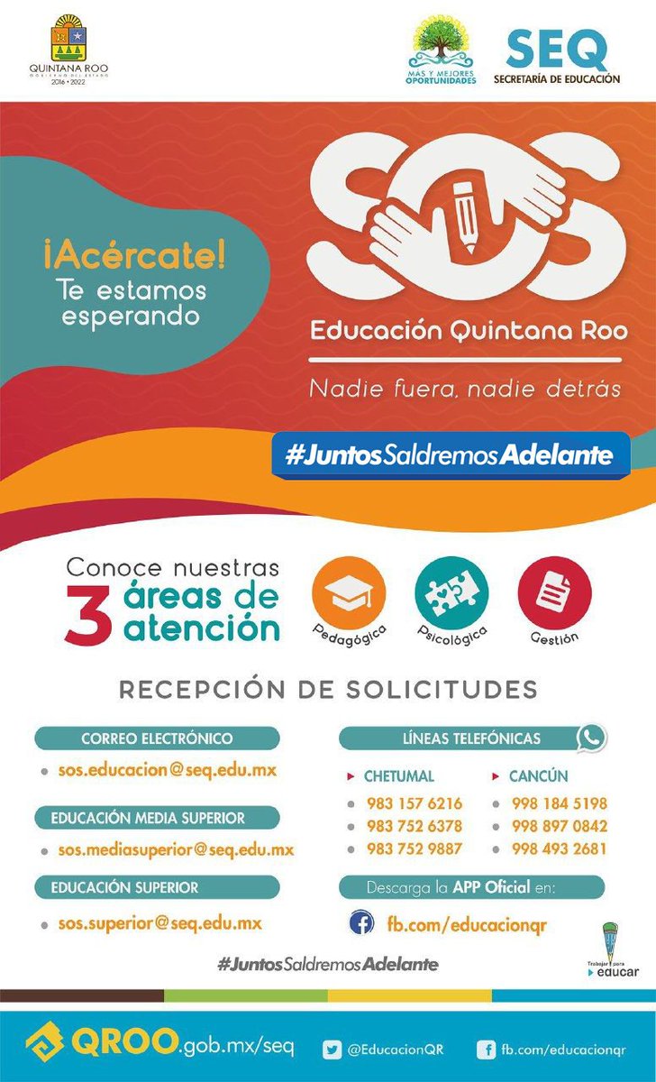 A través de <a href="/EducacionQR/">SEQ Educación</a> impulsamos la estrategia SOS Educación Quintana Roo con el objetivo de reincorporar a los estudiantes ausentes de cualquier nivel educativo. Conoce más en: bit.ly/39biRTq