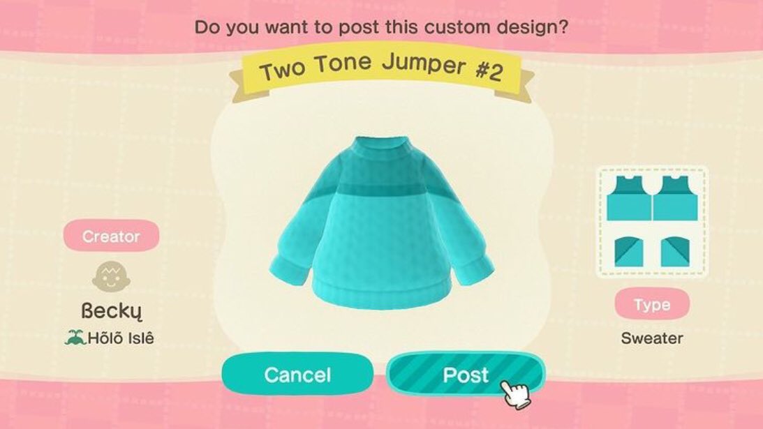 AcnhHolo's tweet photo. ~ Two Tone Jumper #2 2.0 ~

Added a darker shade to separate the colours, as well as to make the design stand out more.

#AnimalCrossingNewHorizons 
#acnh 
#ACNHDesign 
#acnhcreatorcode
#acnhdesigncode https://t.co/nBZ2J265AB