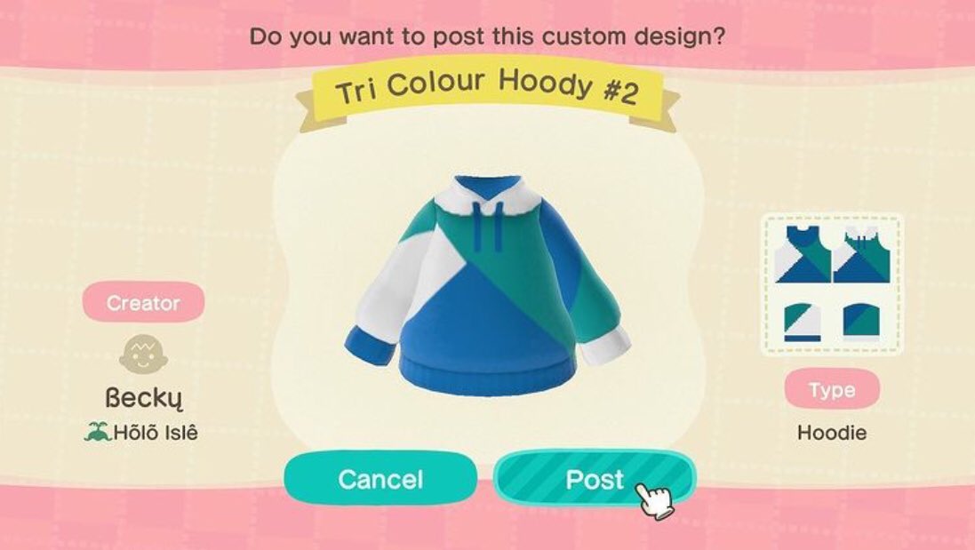 AcnhHolo's tweet photo. ~ Tri Colour Hoody #2 2.0 ~
Just brightened the colours a little.
#AnimalCrossingNewHorizons
#acnh
#ACNHDesign
#acnhcreatorcode
#acnhdesigncode https://t.co/fmZxLCmGQy
