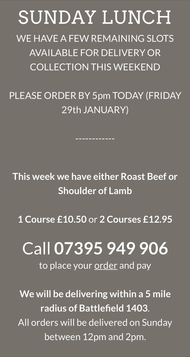 ORDERS IN BY 5PM FOLKS! 

The weathers looking pretty rubbish this weekend, so why not enjoy a delicious Sunday roast, with locally sourced food delivered straight to your door?!