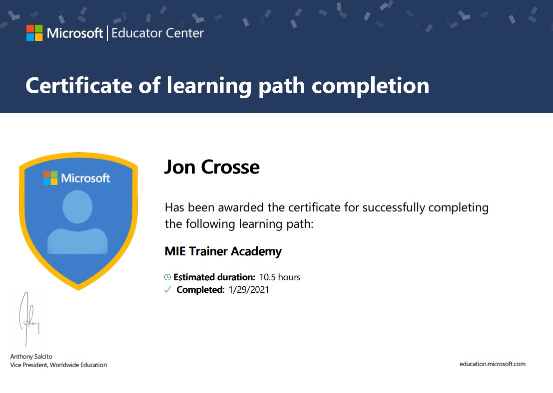 Computeam_Jon's tweet photo. Really enjoyed the @MicrosoftEDU MIE Trainer Academy course! 
https://t.co/WpbspVKyhp

A chance to focus on real-life, applied "Use of Technology" for a change, rather than setup, deployment &amp; configuration.

I highly recommend it to my colleagues in EdTech.

#MicrosoftEdu, #MIE https://t.co/BhhEcjJ0Ax