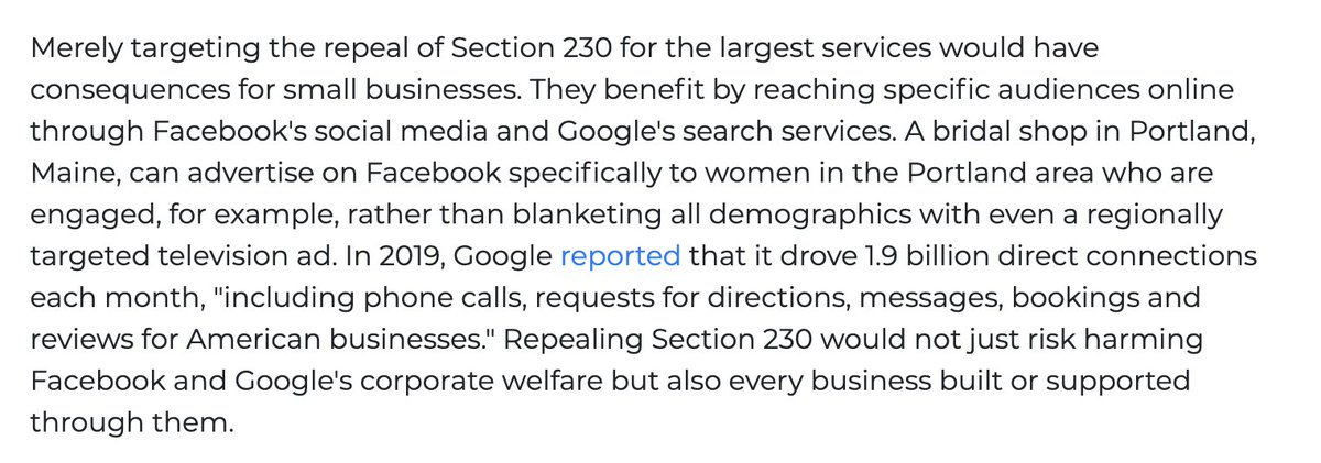 Also every business that advertises or posts itself as a company through bigger tech needs 230