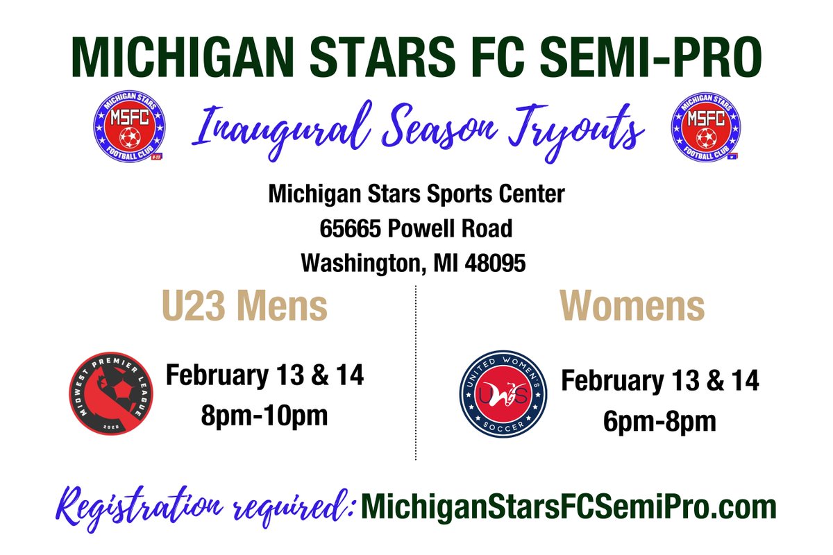 Michigan Stars F.C. Semi-Pro is hosting men's and women's FREE #tryouts next month. Are you ready for the next level?  Learn more and please register here: michiganstarsfcsemipro.com