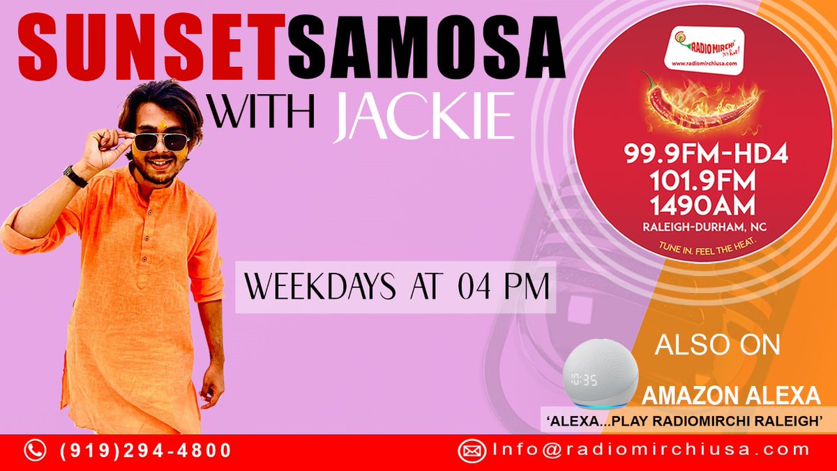 USARadioMirchi's tweet photo. #RjJackie Show " #SunsetSamosa " Evening Chit Chat!

From 04PM to 07PM Only on Radio Mirchi Raleigh Durham 

Tune in to 99.9FM HD4 | 101.9FM | 1490AM, or
Amazon Alexa " ALEXA to open 'Radio Mirchi Raleigh' "

#EveningChitChat #bollywoodgossips #Gossips #BollywoodFM https://t.co/IDM1r2nTnR