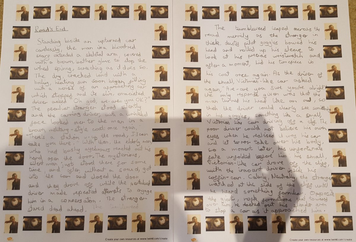 TudorCourt_'s tweet photo. We are so proud of the writing produced in Year 6 this week! Based on the short animation ‘Road’s End’, the children were challenged to retell the story in only 10 sentences!
Here is Mannat’s and Kira’s!
#Year6 #Roadsend #Class27 https://t.co/n1wuBgr7GA