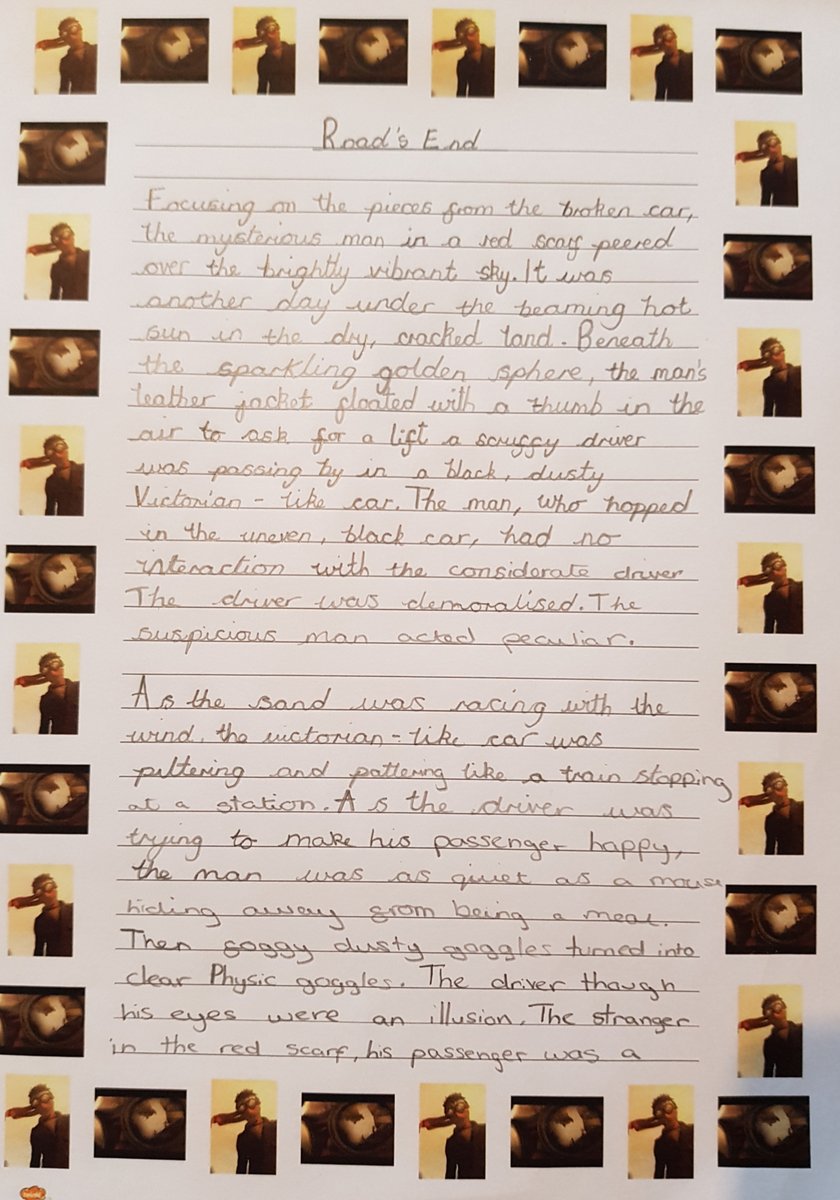 TudorCourt_'s tweet photo. We are so proud of the writing produced in Year 6 this week! Based on the short animation ‘Road’s End’, the children were challenged to retell the story in only 10 sentences!
Here is Mannat’s and Kira’s!
#Year6 #Roadsend #Class27 https://t.co/n1wuBgr7GA