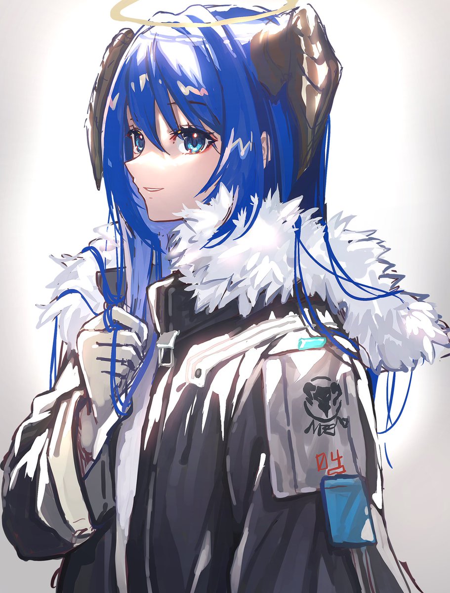 mostima (arknights) 1girl solo blue hair horns halo long hair blue eyes  illustration images