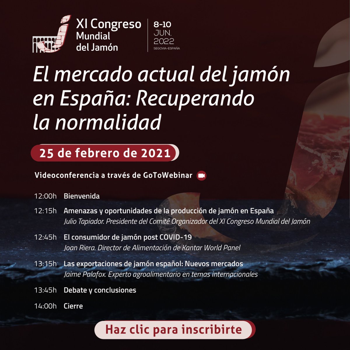 Ya estamos #EnRutaHaciaElXICMJ y arrancamos con una jornada para analizar y debatir el estado actual del mercado del jamón. Toda la información e inscripciones aquí: congresomundialdeljamon.es/programas/