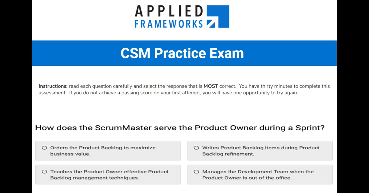 AppliedFramewks's tweet photo. Think you're ready to take the Certified ScrumMaster Exam? Our instructors have created a practice exam just for you. It's free and takes less than 30 minutes. (Link in comments.)

#CSMexam #CSM https://t.co/hIBh7cZLZG
