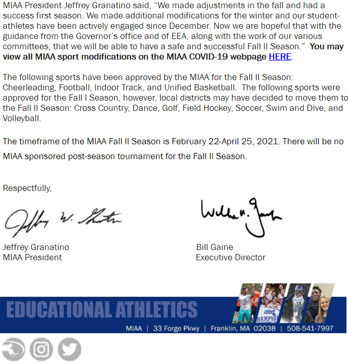 Read information on the #MIAA Fall II Sports Season
🔗miaa.net/contentm/easy_…

🏈📣Unified🏀Indoor🎽 and any Fall I sports that schools moved locally (updated modifications too)

The Fall II Season begins Feb. 22nd 

#OneTeamOneMIAA
#maskupMIAA😷