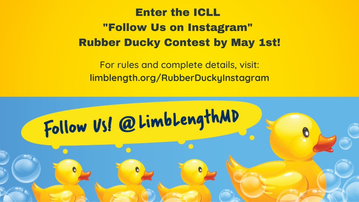 LimbLengthMD's tweet image. Starting on Monday, our clinic patients will be offered an #ICLL Rubber Ducky to enter our “Follow Us on Instagram” Rubber Ducky #Contest for a chance to win a $50 or $25 Amazon gift card!  For rules &amp;amp; details, please visit: limblength.org/RubberDuckyIns… #FollowICLL