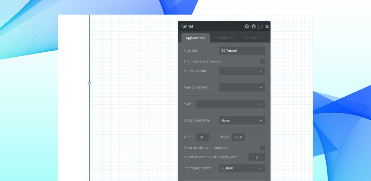 1. Started with a vanilla bubble app ensuring that all styles and UI elements were removed. Created a new page called funnel and set the page size to 960px as this allows the page to render proportionately on both web and mobile when hitting responsive breakpoints.