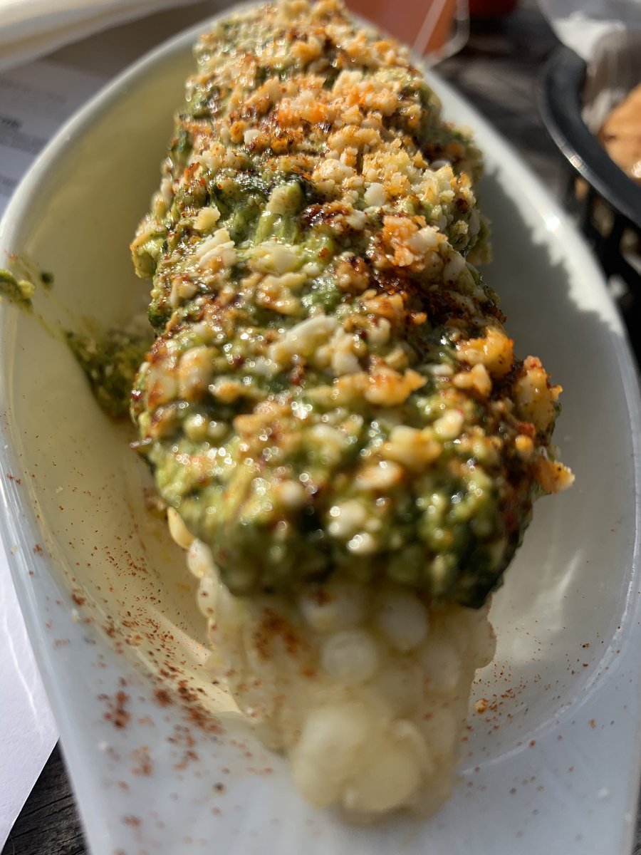 Take your mouth on a vacation, with our Mexican street corn! 🌽 Our version of the classic Mexican street food. Grilled corn slathered in lime aioli, rolled in cajita cheese, and chili powder. Tonight @stephenejenkinsmusic plays 6-9 DT! 🎶 #flavortown #tattooedmoose