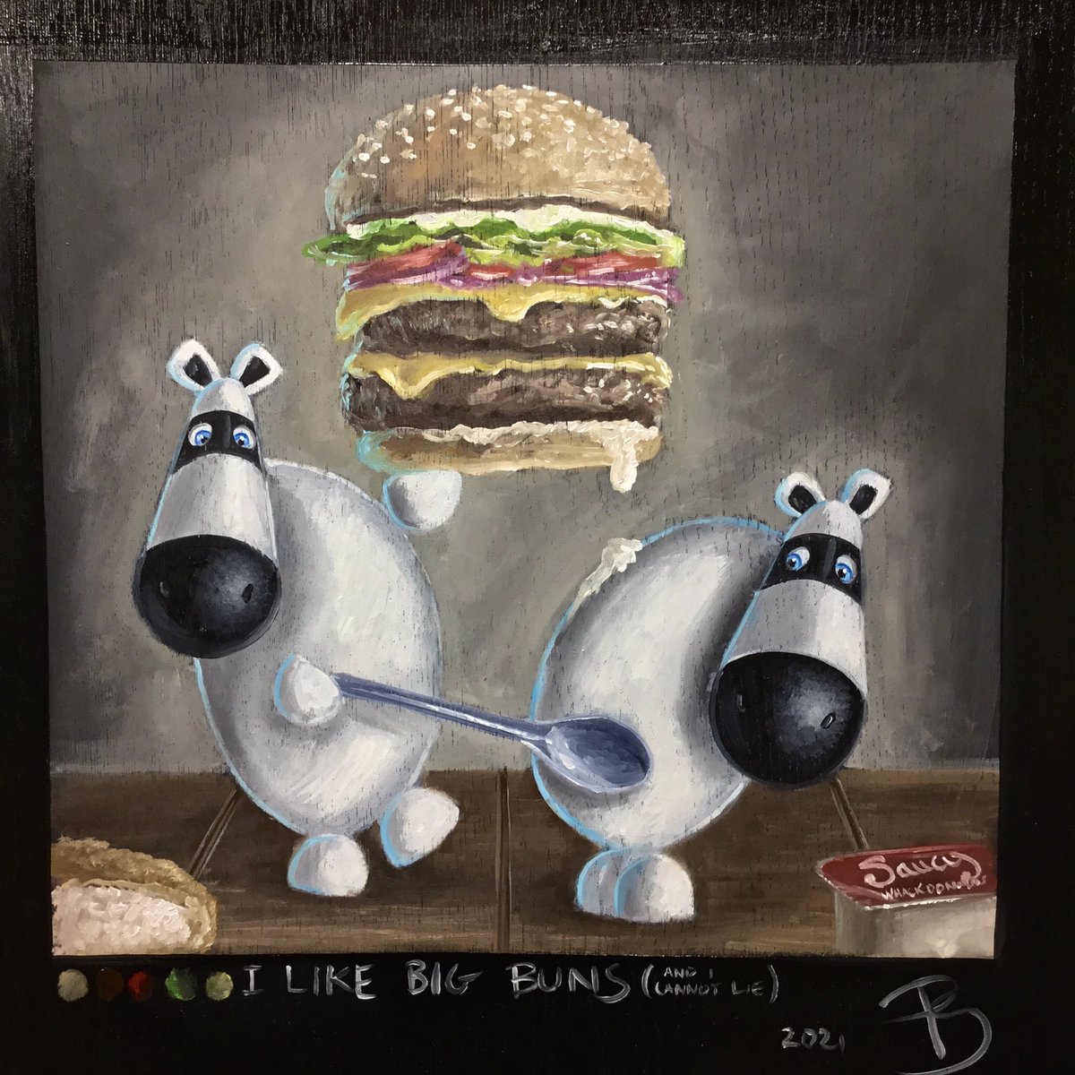 Impossimal's tweet photo. 🎶 ‘I Like Big Buns’ 🎶  - Another ‘saucy’ Impossimal oil sketch for tonight’s tittertime! 
#big #art #music #lyrics #funny #saucy #impossimal #sketch #uk #gallery #food #burger #McDonalds #burgerking https://t.co/r1BLRTFoRA