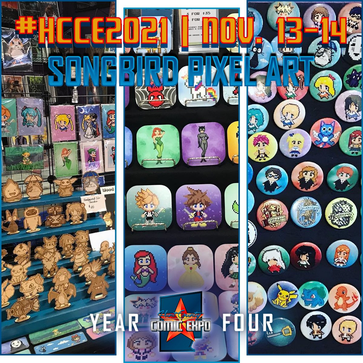 officialhcx's tweet photo. The road to #HCCE2021 starts now!
We're proud to welcome back Songbird Pixel Art for her FOURTH YEAR at #HuntCountyComicExpo!  She will be returning with some amazing pixel art, and will once again be hosting her Pixel Art Workshop at our show this November! https://t.co/i6ri9C2IjS