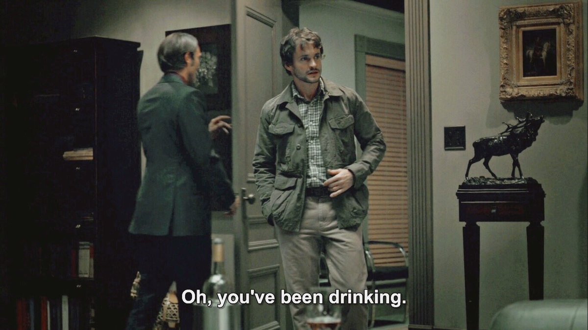 Then in the next sequence, he pretended he was drinking with his psychotherapist in his own office (although he drank in Bedelia’s office) to get his favorite patient to drink with him and be more friendly with him!