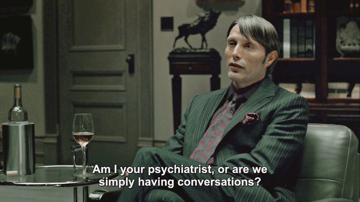 Then in the next sequence, he pretended he was drinking with his psychotherapist in his own office (although he drank in Bedelia’s office) to get his favorite patient to drink with him and be more friendly with him!