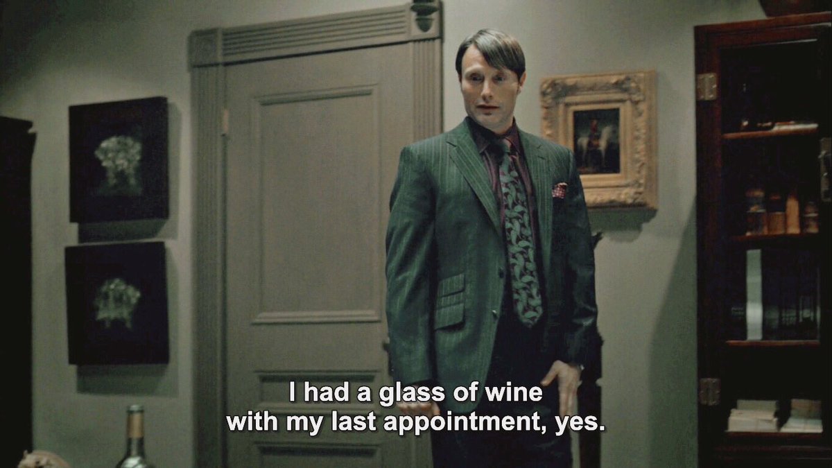 Then in the next sequence, he pretended he was drinking with his psychotherapist in his own office (although he drank in Bedelia’s office) to get his favorite patient to drink with him and be more friendly with him!