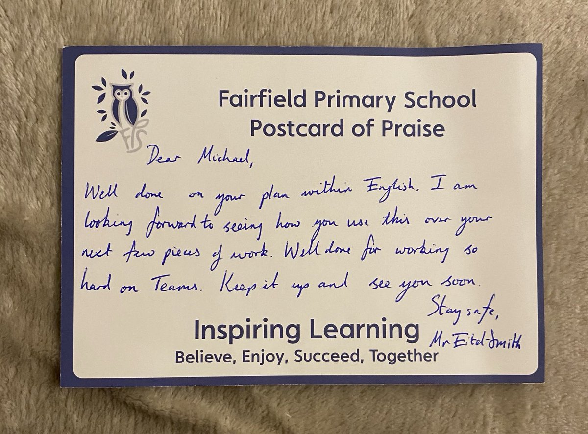 amy69213490's tweet photo. Thank You very much to Mr Eitel- Smith for Michael’s recognition card. He loved receiving this! Thank You to all of the staff at Fairfield,for all of your help and support.  #keepsmiling #staysafe ⁦@FairfieldPrimSc⁩ ⁦@FPS_4_VVikings⁩ ⁦@FPS_1_SShells⁩ https://t.co/K9zcZl05ti