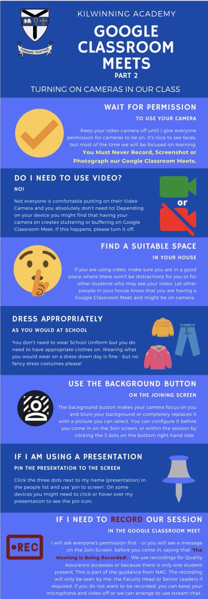 Kilwinning_Acad's tweet photo. Check out our Google Meet guidelines ✔️ we’ve had some great feedback on live sessions that have taken place this week. Looking forward to seeing you next week! 👩🏽‍💻👨🏽‍💻 https://t.co/3CwzdQ8r5i