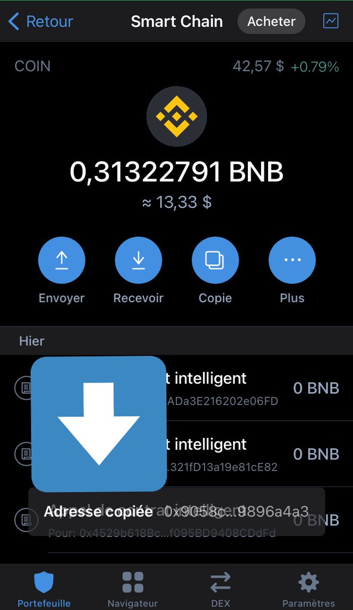 6. Maintenant comment envoyez vos fonds BNB, ou autre crypto de la blockchain Binance depuis Binance.1ère étape : Votre portefeuille, cliquez sur smart chain, avec le logo binance à côté.2ème étape : appuyez sur copie et vous obtiendrez votre adresse BSC.