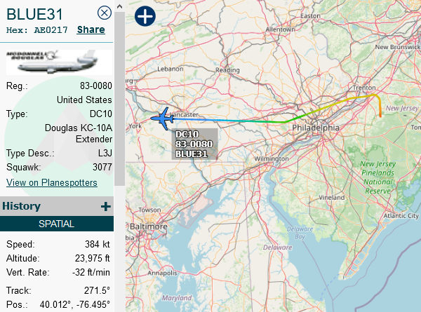 SirListenalot's tweet photo. #KC10 #BLUE31 on its way from McGuire to Travis. At FL240... dragging the Polish #F16 #RETRO84? 🤔 https://t.co/Jx4V7NEQDG
