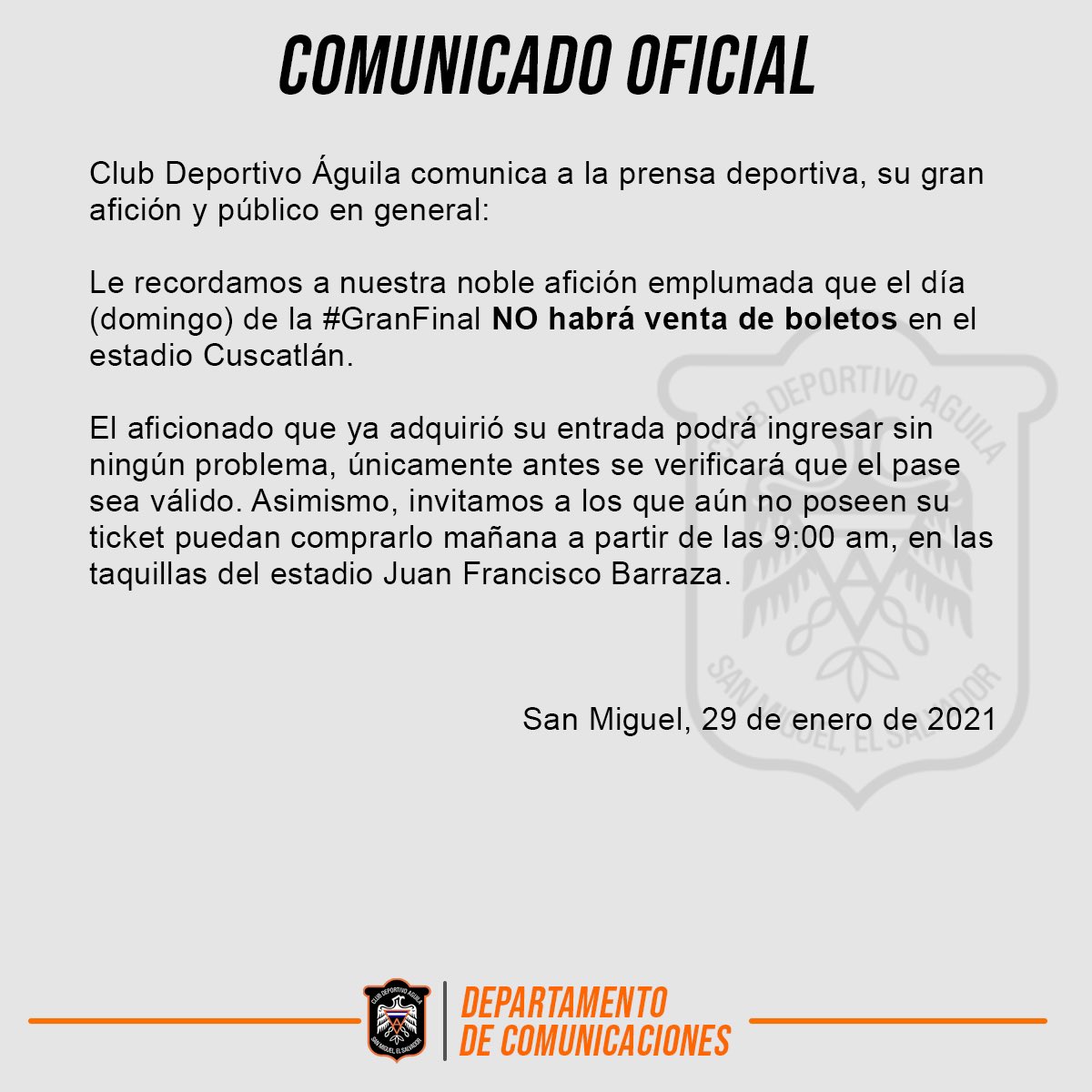 cdaguilaoficial's tweet photo. #ComunicadoOficial | Importante información.

📍 Mañana habrá venta de boletos en el estadio Barraza, a las 9:00 am.

⚠️ Cumplamos con las medidas de bioseguridad, respetemos el distanciamiento físico y utilicemos en todo momento la mascarilla 😷.

#ÁguilaPorLa17 🏆🦅 https://t.co/CDeTzVFa8R