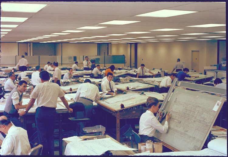 Historical photos of Bechtel engineers at work in offices. 