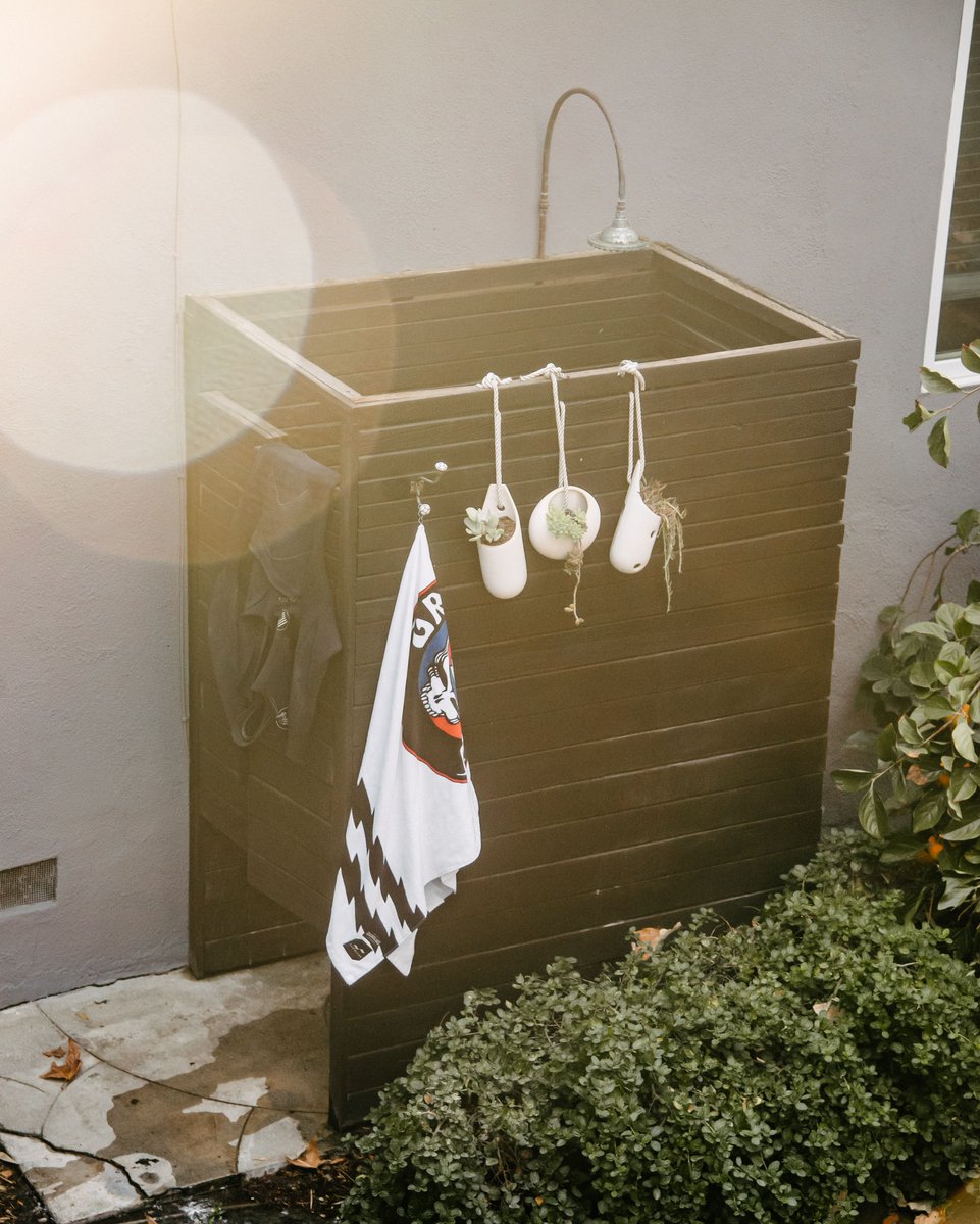 Outdoor shower inspo with the Truckin' Beach Towel in the home of our friend <a href="/mtitone/">Maryann Titone</a> 💦