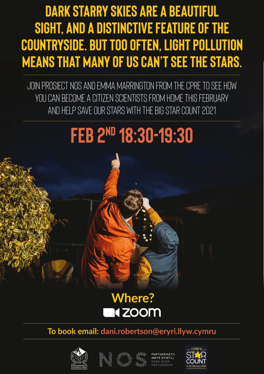 prosiectnos's tweet image. Join us and Emma Marrington from the @CPRE to see how you can become a citizen scientists from home this February, and help save our stars with the Big Star Count 2021 ✨ 
🗓When – Feb 2nd 1830-1930
🎥Where - Zoom
📧Email dani.robertson@eryri.llyw.cymru to book
