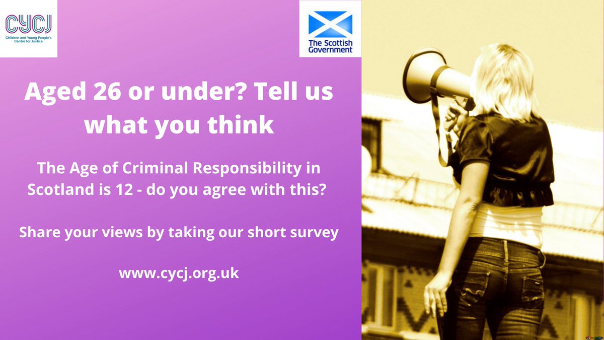 CYCJScotland's tweet image. 📢  Young people aged 26 and under - there's still time to do our short survey on the age of criminal responsibility - and what you think it should be. Can you help?
bit.ly/3px3Gd4