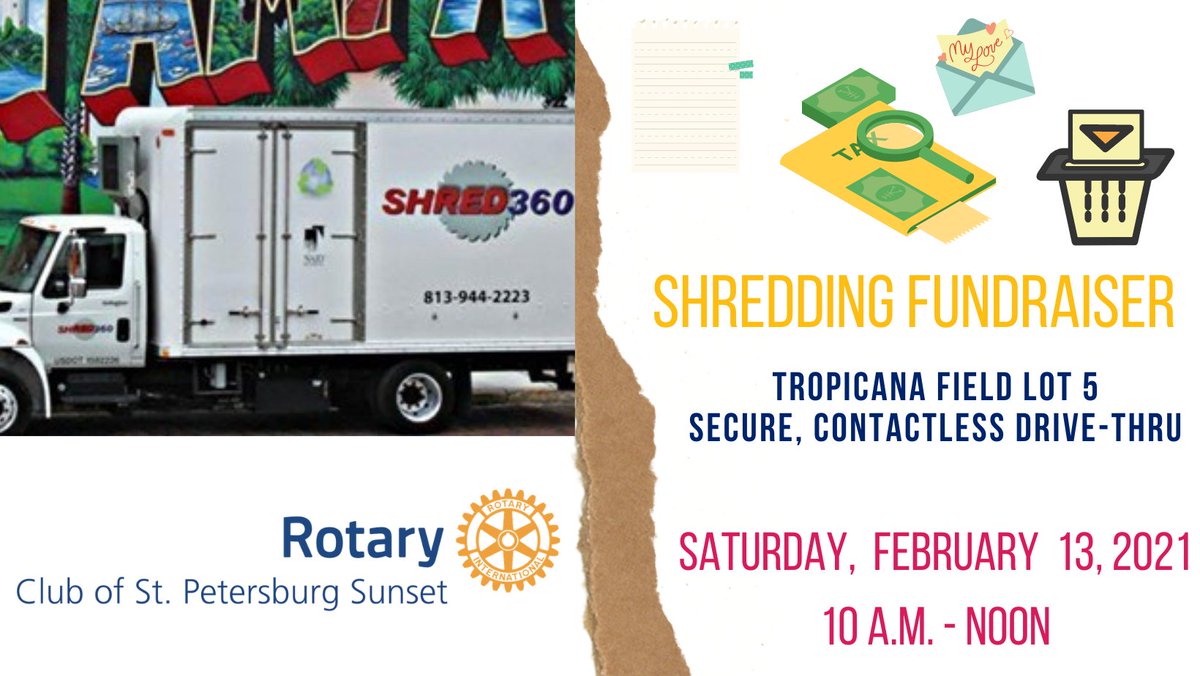 SunsetRotary727's tweet photo. We're 2 wks from our #shredding #fundraiser at the Trop. Bring some old papers and join us in #Lot5. $10/bag details here:https://t.co/ezYQyEpcIy
#Rotary #StPeteSunsetRotary #StPete #Paper #Pinellas #ServiceAboveSelf #ILoveTheBurg #FebruaryEvents #LoveLetters https://t.co/WkLzG7E2Ug