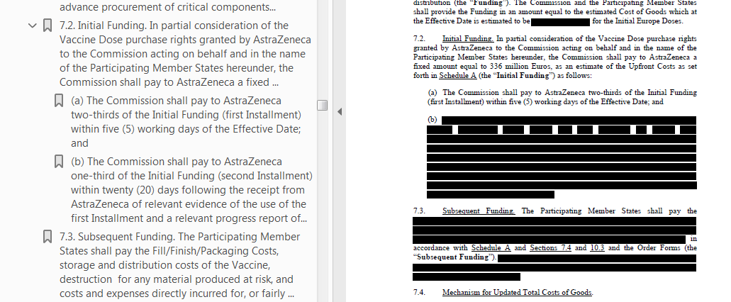 Oh dear. European Commission publishes a redacted version of its vaccines contract with AstraZeneca, but you can read many of the redacted bits in the Bookmarks tab. Good spot <a href="/GazTheJourno/">Gareth Corfield</a>.
